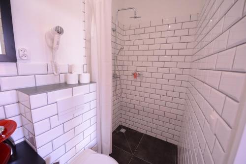 a white bathroom with a shower and a toilet at Willa Starowiejska in Racibórz