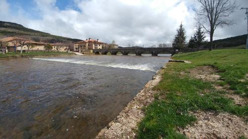 a river with a bridge and some houses and grass at El Mirador de Molinos in Molinos de Duero