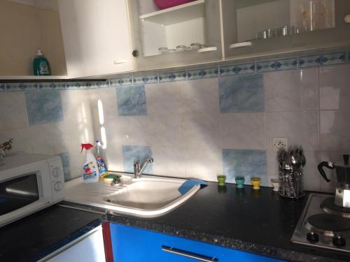 un comptoir de cuisine avec un évier et un micro-ondes dans l'établissement Appartement cosy et agreable, à Cagnes-sur-Mer