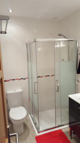 La salle de bains est pourvue de toilettes et d'une douche en verre. dans l'établissement Le gite de Beatrice et Laurent, à Villers-Bretonneux