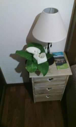 a nightstand with a lamp and a plant on it at Casa Idílica in Horta