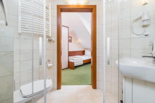 クラクフにあるDomus Mater Hotelのバスルーム(トイレ、洗面台、鏡付)