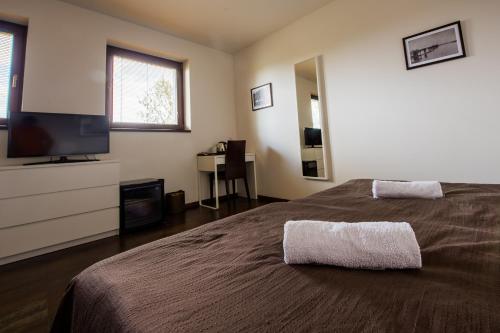 a bedroom with a bed and a flat screen tv at Restaurace&Rooms Na Jitrách in Semice