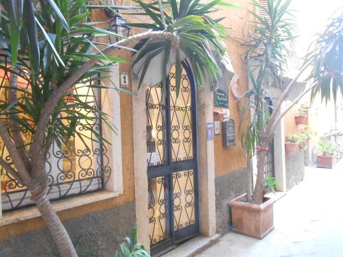 a door to a building with palm trees in front of it at PENSIONE VERDE LUNA in Orbetello