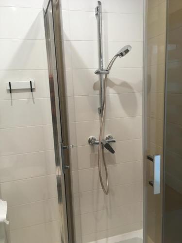 a shower in a bathroom with a glass door at Murano Apartaments City Center in Warsaw
