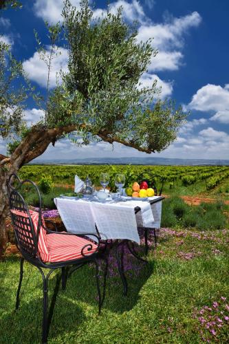 a table with a plate of fruit on it under a tree at Château Roslane Boutique hôtel & Spa in Meknès