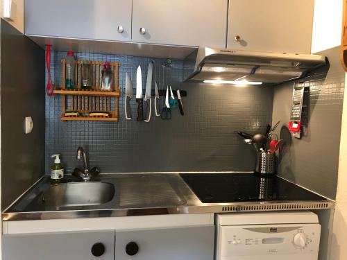 une cuisine avec un évier et un plan de travail dans l'établissement Au pied du telecabine, T2 parking et casier a ski, à Cauterets