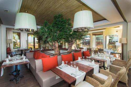 a restaurant with tables and chairs and a tree at Ch&acirc;teau Roslane Boutique h&ocirc;tel & Spa in Mekn&egrave;s
