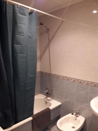 uma casa de banho com um lavatório, um chuveiro e um WC. em Apartamento Sobradelo em Vilagarcía de Arousa