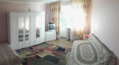 キーウにあるОднокомнатная квартира на улице Попудренкоのベッドルーム(ベッド1台、ドレッサー、テレビ付)