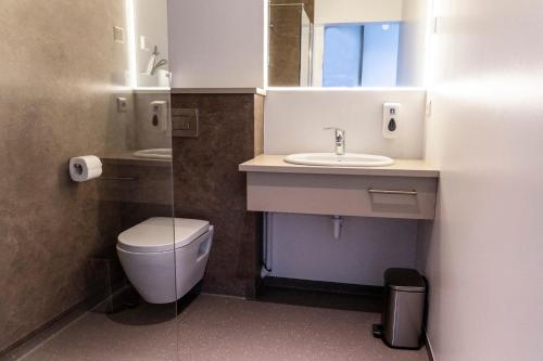 a bathroom with a sink and a toilet and a mirror at Black Beach Guesthouse in Þorlákshöfn