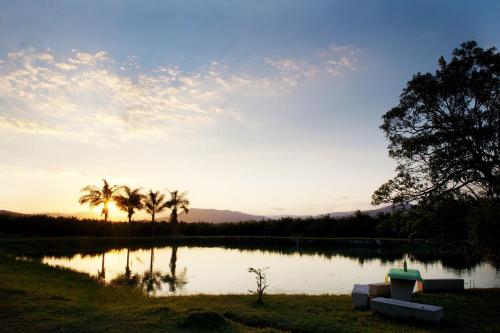 a lake with palm trees and a sunset at Almar View Guest House in Nelspruit
