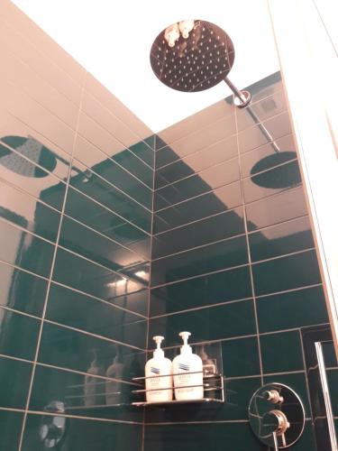 a bathroom with a green tiled shower with two soap bottles at Santa Marta Rooms - Vernazza in Vernazza