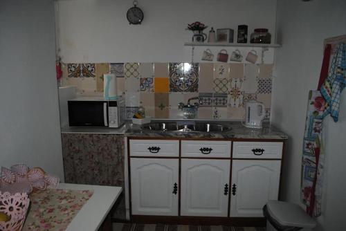 ネーラスにあるOutrora a Casa da Malvinaの小さなキッチン(シンク、電子レンジ付)