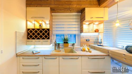 a large kitchen with white cabinets and a sink at Vila Alexandar 15 in Bački Petrovac