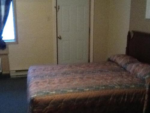 a bedroom with a bed and a door with a window at Motel Du Parc Masson in Gatineau