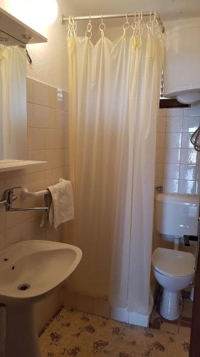 a bathroom with a white shower curtain and a toilet at House Fani in Zastražišće