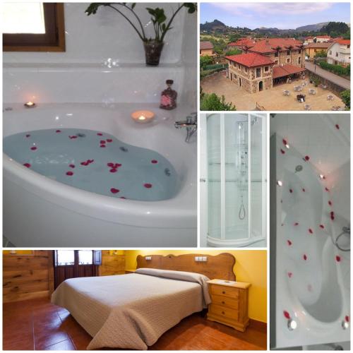 a collage of pictures of a bath tub with hearts on it at Posada Casa Rosalia in Castro-Urdiales