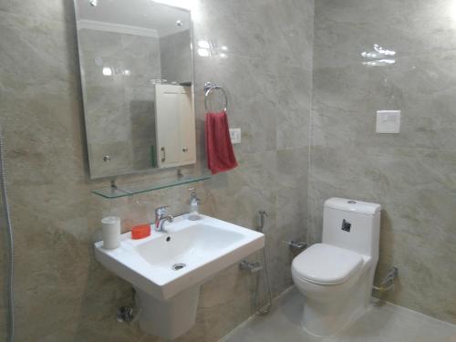 een badkamer met een wastafel, een toilet en een spiegel bij Heritage Homestay in Jammu