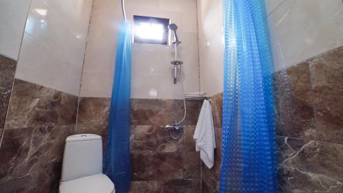 a bathroom with a toilet and a blue shower curtain at Hotel Chakvi in Chakvi