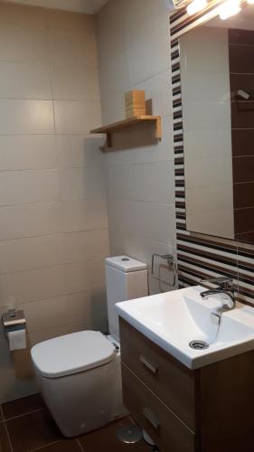 une salle de bain avec toilettes, lavabo et miroir dans l'établissement Apartamento frente al mar, à San Pedro