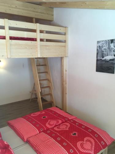 ブラームベルク・アム・ヴィルトコーゲルにあるMay-Hausのベッドルーム1室(赤いベッドカバー付)