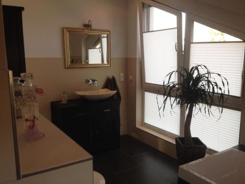 ein Badezimmer mit einem Waschbecken, einem Spiegel und einer Pflanze in der Unterkunft Ferienhaus Frankstraße 5b in Zinnowitz