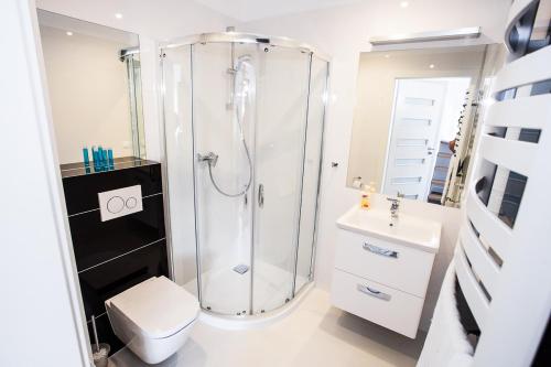 W łazience znajduje się prysznic, toaleta i umywalka. w obiekcie Apartamenty SaltApart2 w Wieliczce