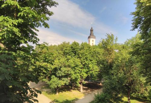 a building with a clock tower behind some trees at Apartment in the center of old town in Kamianets-Podilskyi