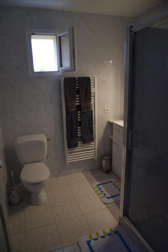 une salle de bain avec toilettes et fenêtre dans l'établissement Chez Claude et Aline, à Puynormand