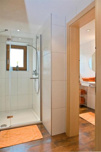 a shower with a glass door in a bathroom at Ferienwohnung Gundolf - Astner in Wenns