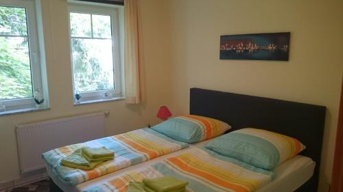 a bed in a bedroom with two windows at Ostseequartett Whg 5, Zinnowitz in Zinnowitz