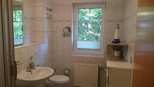 a bathroom with a sink and a toilet and a window at Ostseequartett Whg 5, Zinnowitz in Zinnowitz