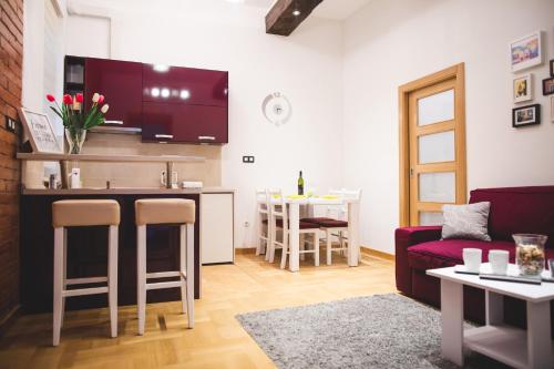 a kitchen and living room with a couch and a table at Clyra Apartment City Centar Zagreb in Zagreb