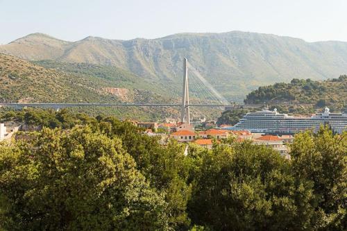 vista su una città con ponte e nave da crociera di Fresh & spacious studio a Dubrovnik