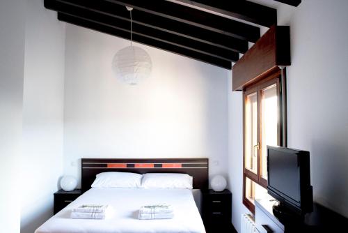 Un dormitorio con una cama grande y un televisor. en The Cantabrian Apartamentos, en Serdió