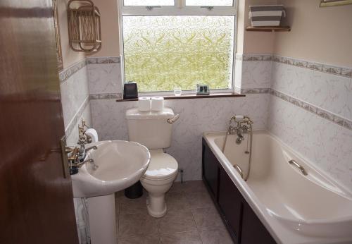 a bathroom with a toilet and a tub and a sink at Eagle View Holiday Home in Moone