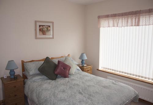 a bedroom with a bed with two night stands and two lamps at Eagle View Holiday Home in Moone