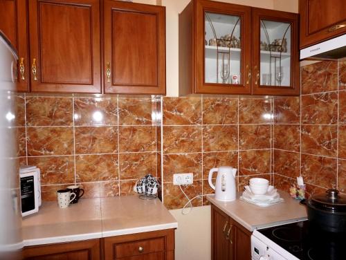 リヴィウにあるСozy apartment on Leontovichaの茶色のタイルの壁のキッチン
