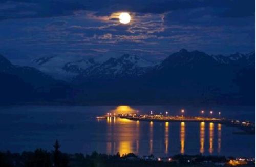 a moon over a large body of water at night at Halcyon Heights B&B/Inn in Homer