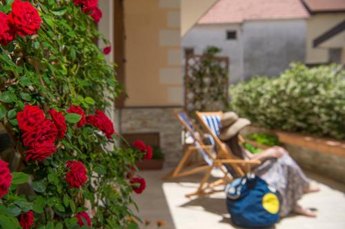 a person sitting in a chair on a patio with red roses at Sweet House in Agerola