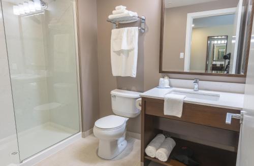 a bathroom with a toilet and a shower and a sink at MStar Hotel in Kitimat