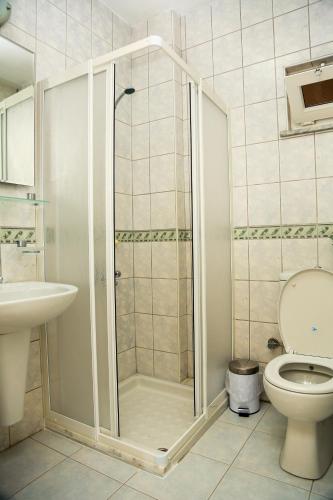 a bathroom with a shower with a toilet and a sink at Princess of Özalp in Dalyan