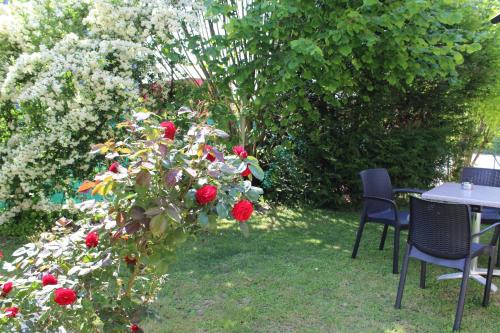 a bush with red roses next to a table and chairs at Villa Hotel in Troyes