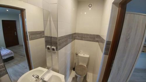 a bathroom with a toilet and a sink and a shower at Zielone Zacisze in Zagnańsk