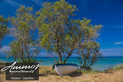 a boat sitting on the beach next to trees at Ammos Apartments in Alikanas