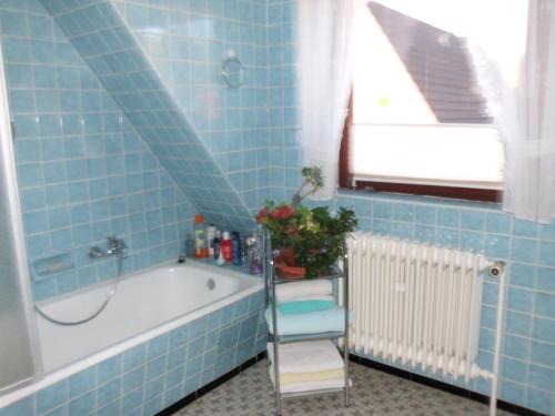 a blue tiled bathroom with a tub and a window at Ferienwohnung in Bohndorf