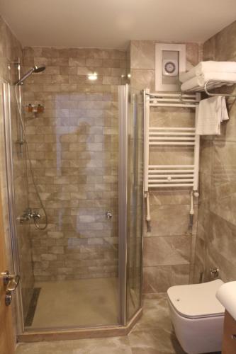 a bathroom with a shower and a toilet at Longoz Hotel in Igneada