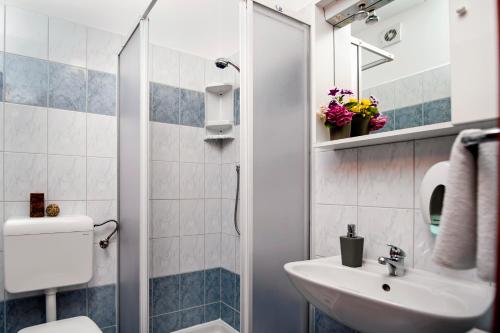 a bathroom with a sink and a toilet and a mirror at LADONJA BB ROOMS, Family run Bed & Breakfast in Rovinjsko Selo