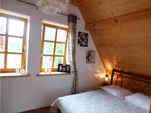 a bedroom with a bed and two windows at Cozy Cottage in ZeÅ‚wÄ gi with Fireplace in Zełwągi